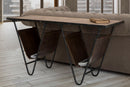 Tavolinetto Porta Giornali "V" 120x43x62,5 cm in Ferro e Legno di Abete e PU Nero e Marrone