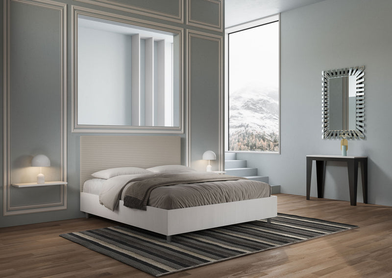 Letto Matrimoniale con Rete e Contenitore Alzata Comoda Struttura Bianco Frassico e Testata in Similpelle Level Tortora Varie Misure