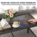 Tavolino da Caffè a 2 livelli  92x50x45 cm con Piano in Vetro Temperato e Ripiano in Acciaio e Rattan Nero      