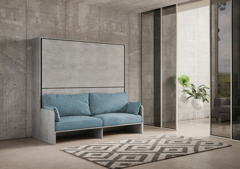 Letto Doppio A Scomparsa Kando Con Divano Con Materassi Cemento e Azzurro      