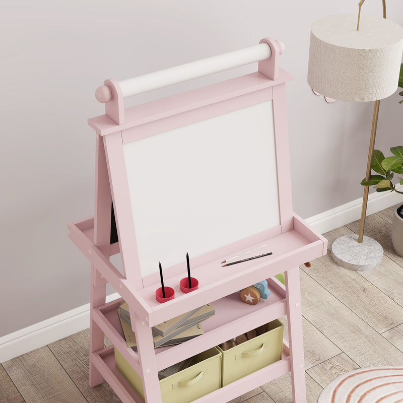 Lavagna per Bambini 59x48x118 cm a Gesso Magnetica e Rotolo di Carta in Legno Rosa  