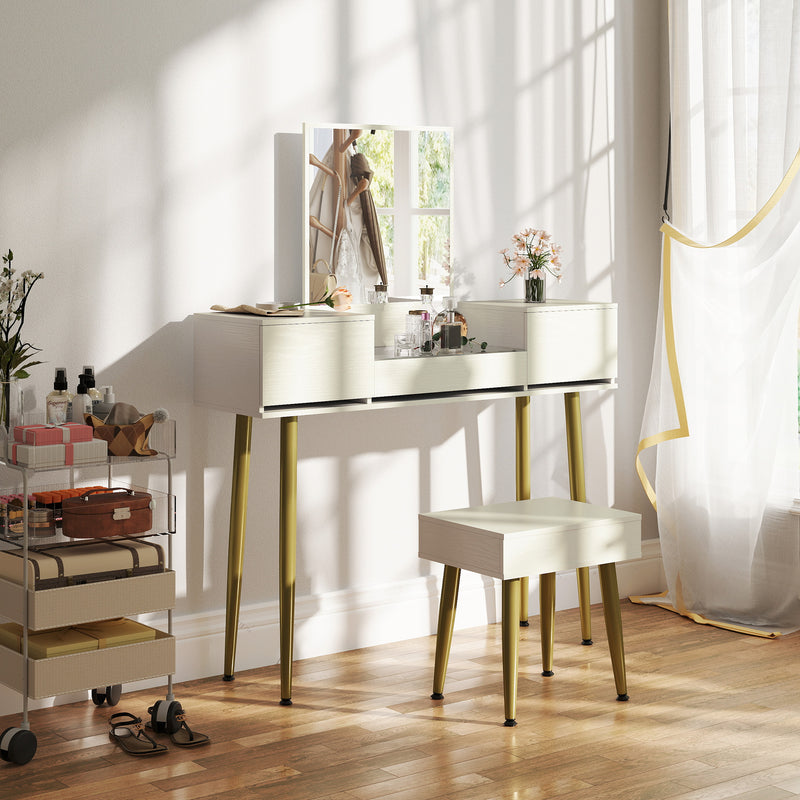 Consolle Trucco con Cassetti Specchio e Sgabello con Vano Contenitore in Truciolato Bianco    