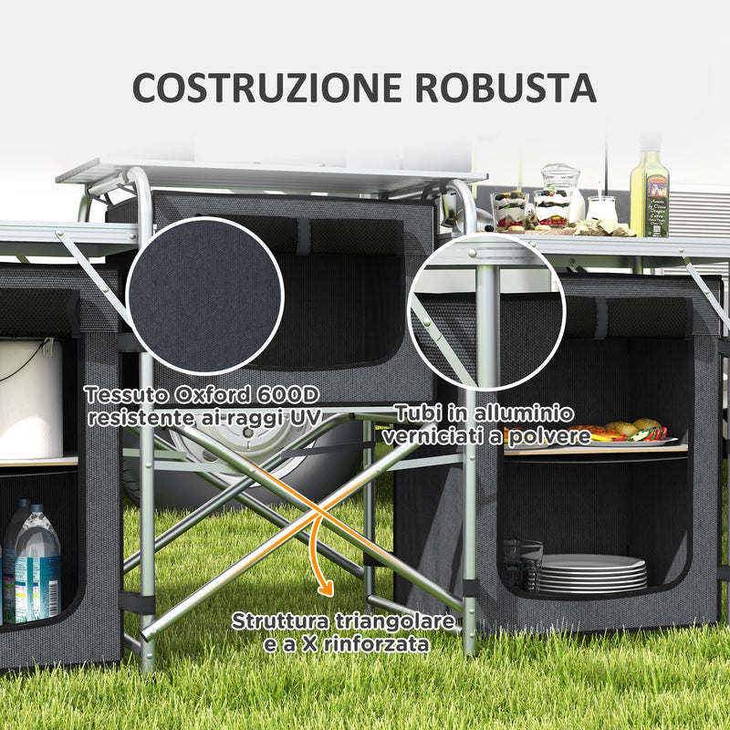 Cucina da Campeggio Pieghevole 172x48x119 cm con Ripiani e Ganci Nero   