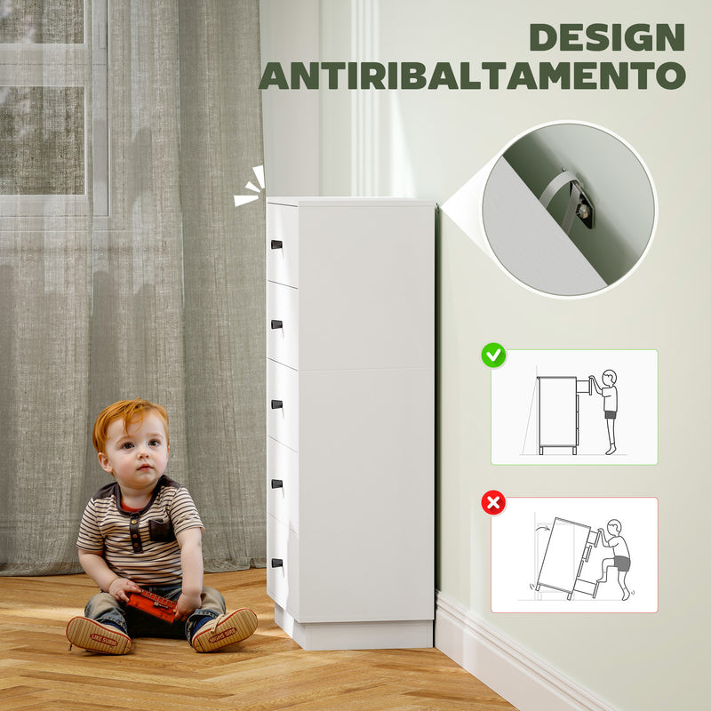 Cassettiera 5 Cassetti Moderna e Salvaspazio 47x29x95 cm Bianco   