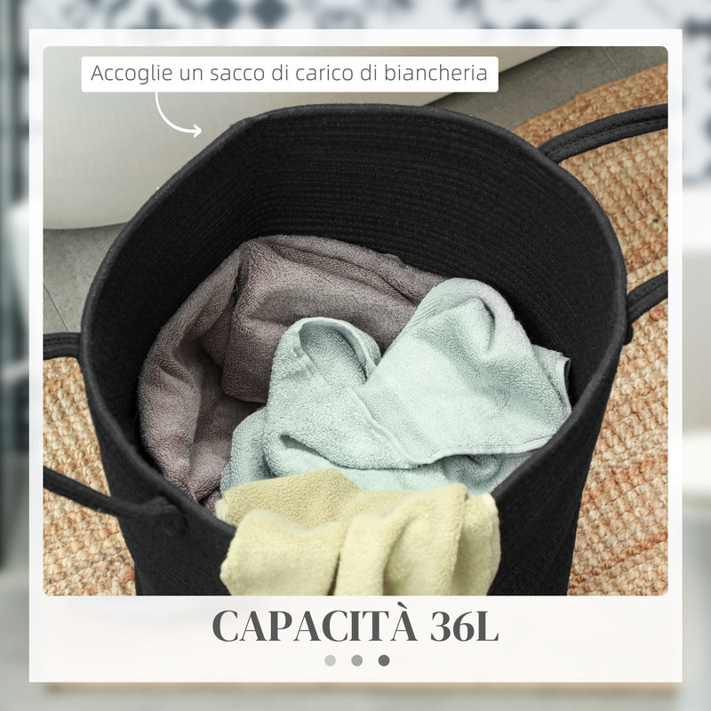 Cesto Portabiancheria Pieghevole con Manici 36L Ø38x45 cm in Cotone Naturale Nero 