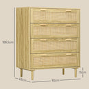Cassettiera 4 Cassetti Stile Boho 90x45x108,5 cm in Legno e Rattan Rovere 