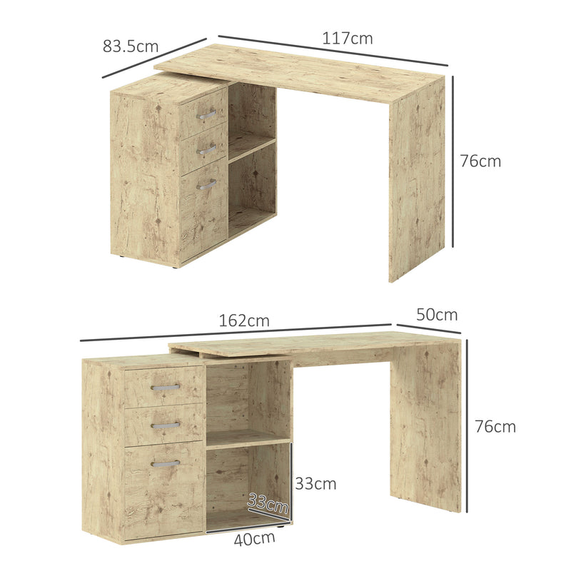 Scrivania da Ufficio Angolare 3 Cassetti e Ripiani Aperti 117x83,5x76 cm in Legno e Metallo Noce