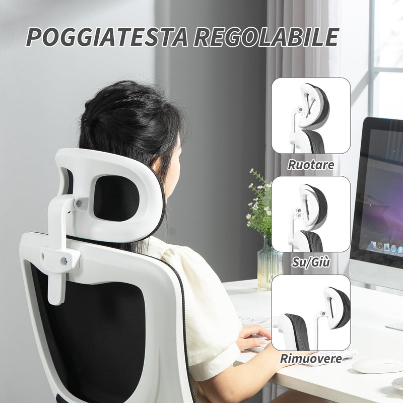 Sedia Ergonomica da Ufficio Girevole 60x59x114-122 cm con Poggiatesta Rimovibile in Tessuto a Rete Nero  