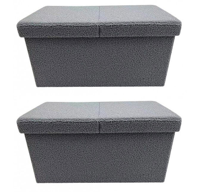 Set 2 Pouf Contenitore 76x38x38 cm Joris in Bouclè Grigio
