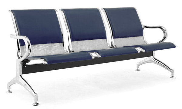 Banc de Bureau pour Salle d'Attente 3 Places avec Coussin en Acier et Simili Cuir Argenté/Bleu Marine online