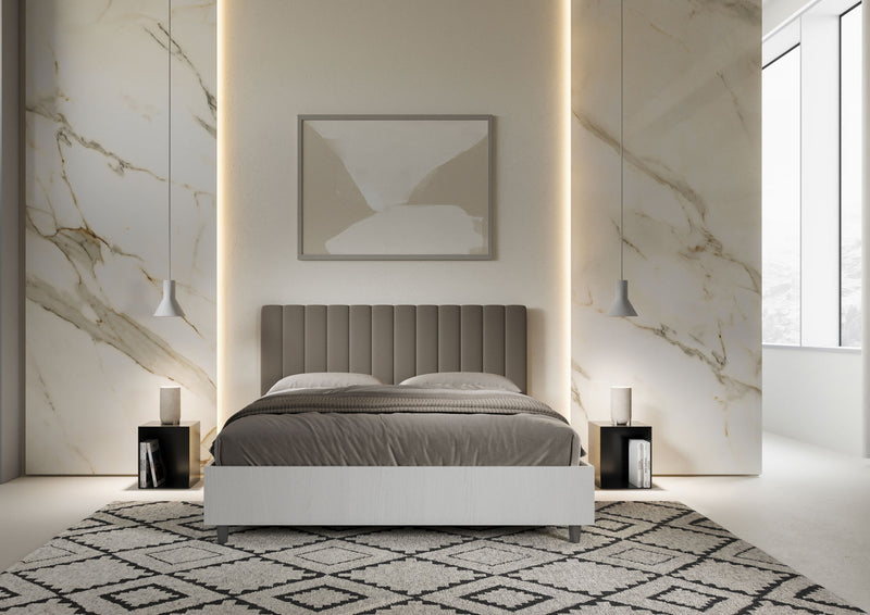 Letto Matrimoniale con Rete e Contenitore Alzata Comoda Struttura Bianco Frassico e Testata in Similpelle Kaia Cappuccino Varie Misure