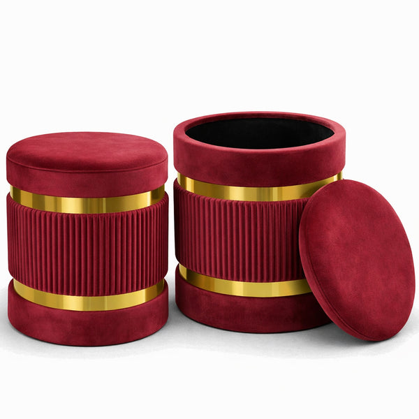 Set 2 Pouf Contenitore Ø 38x44 cm e Ø 31x38 cm con Rivestimento Velluto Bordeaux sconto