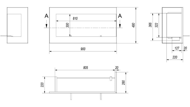 Camino a Bioetanolo da Incasso 90x48 cm Flig Tampa Nero Angolo a Destra