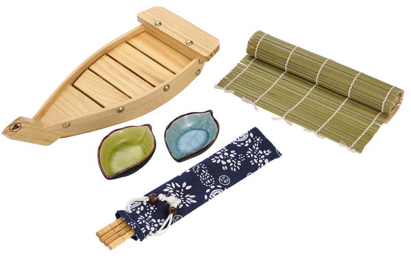 Service à sushi avec baguettes de bateau en bois et tapis en bambou prezzo