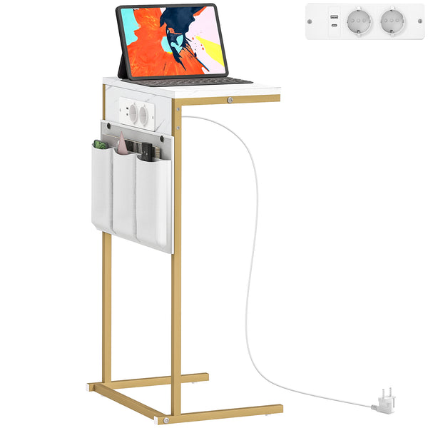 Tavolino da Salotto a Forma di C Piano Effetto Marmo con Prese di Corrente e USB in MDF Bianco sconto