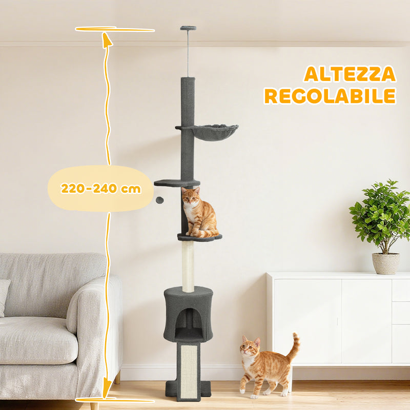 Albero per Gatti a Soffitto Alto 220-240 cm con Amaca Casetta Piattaforme a Fiore e Pali in Sisal Grigio      