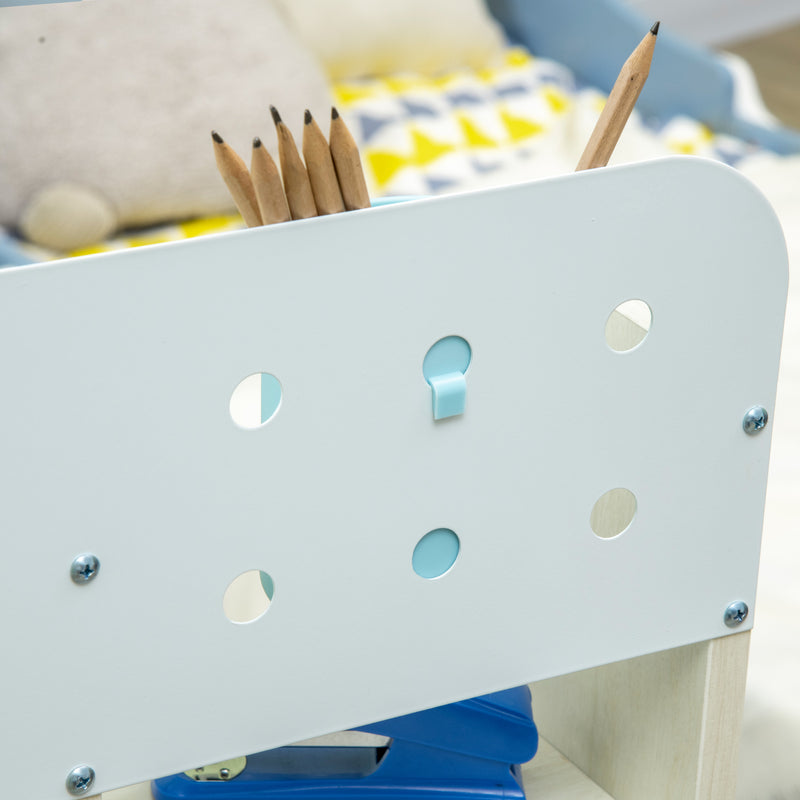 Set Scrivania e Sedia per Bambini da 3 Anni Regolabile Tavolo Inclinabile a 60° con Cassetto e Ripiani in PP e Acciaio Blu      