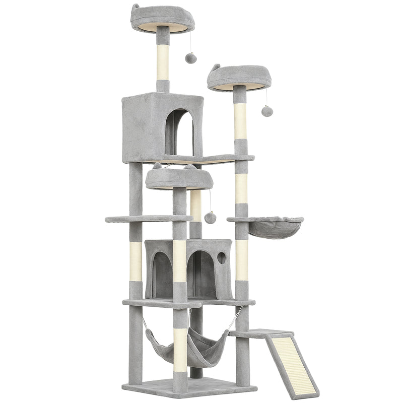 Albero Tiragraffi per Gatti 48x48x192 cm con Amache e Casette in Sisal e Peluche Grigio e Crema      