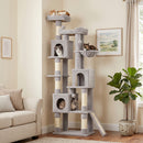 Albero Tiragraffi 60x40x200 cm con Pali in Sisal 2 Cucce 3 Casette e Amaca in Truciolare e Peluche Grigio Chiaro      