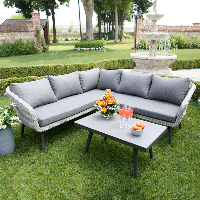 Set da Giardino Divano 5 Posti e Tavolino in Polyrattan Salem Grigio
