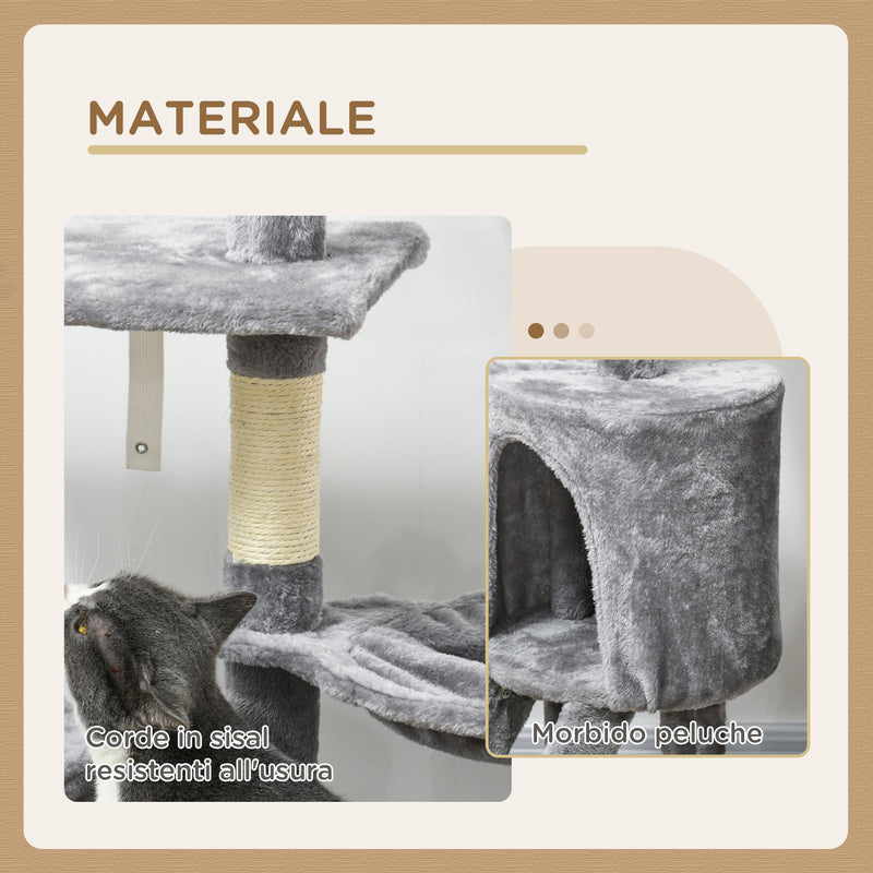 Albero Tiragraffi con Casetta e Piattaforme in Peluche 50x35x134,2 cm Trespoli e Giochi in Truciolato Peluche e Sisal Grigio  