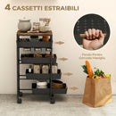Carrello da Cucina a 5 Livelli 39,5x24x82 cm con 4 Cesti Estraibili in Metallo PP e Legno Nero e Rovere      