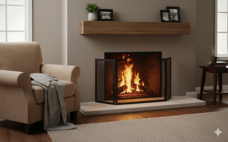 Parascintille per Camino a 3 Ante Design a Onda 20+60+20x58 cm in Ferro Piatto Verniciato Grigio Martellato