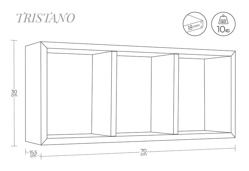 Mensola Rettangolare 3 Scomparti da Parete 70x30x15.5 cm in Fibra di Legno Tristano Marrone Talpa