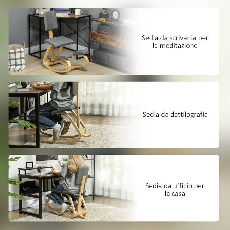 Sedia Inginocchiatoio con Movimento a Dondolo 51x84x93 cm in Tessuto Effetto Lino e Legno Grigio   