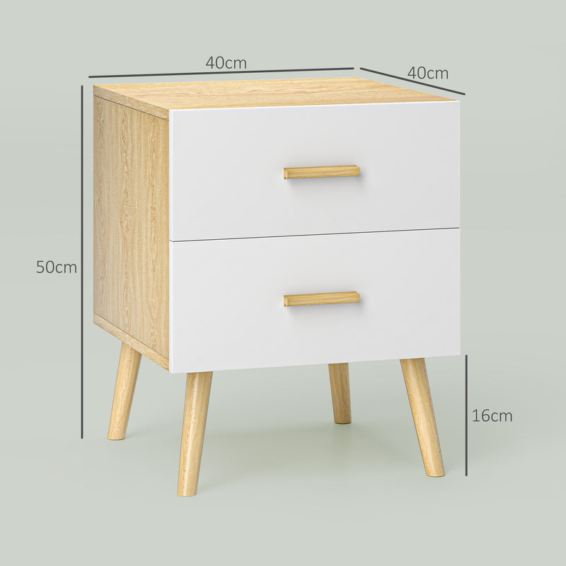 Comodino in Stile Scandinavo 40x40x50 cm con 2 Cassetti in Legno Bianco 
