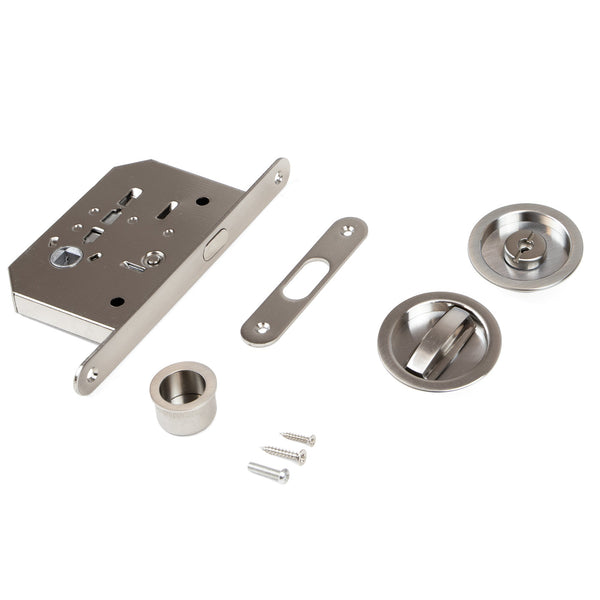 Kit de serrure avec cliquet rond pour portes coulissantes en acier nickel satiné. Emuca acquista