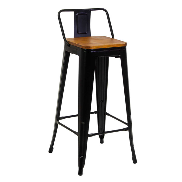 Tabouret New Bristol avec dossier 42x42xh77/94 cm en fer noir avec assise en bois sconto