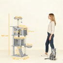 Albero Tiragraffi per Gatti Alto 160 cm con 2 Casette Amaca Lettino e Pali in Sisal Grigio      