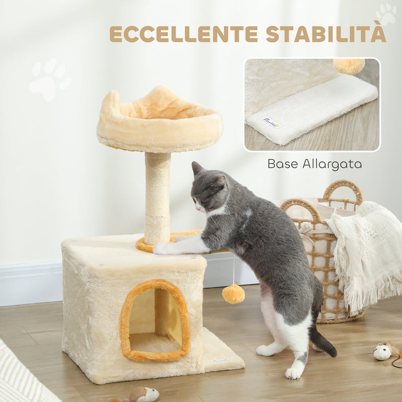 Albero Tiragraffi per Gatti con Cuccia 40x30x72cm in Sisal e Peluche Beige Giallo      