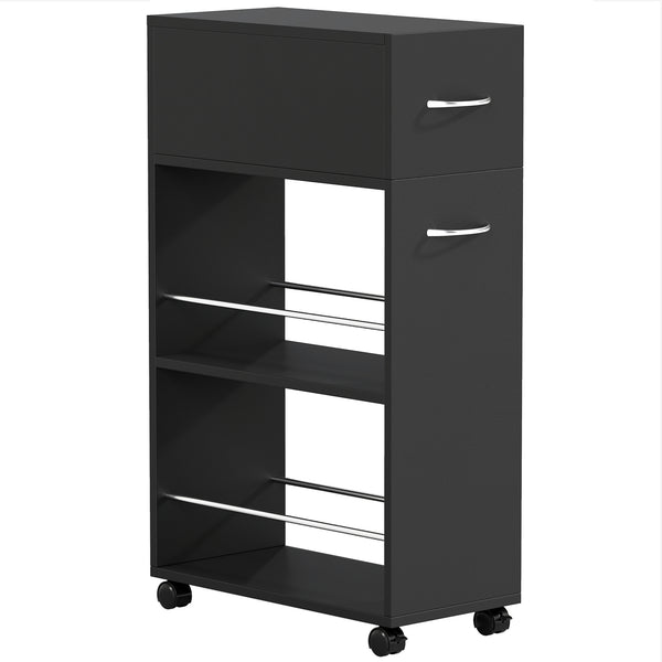 online Carrello da Cucina 25x50x85 cm 2 Ripiani Aperti Cassetto e Parapetti in Legno e Acciaio Inox Nero