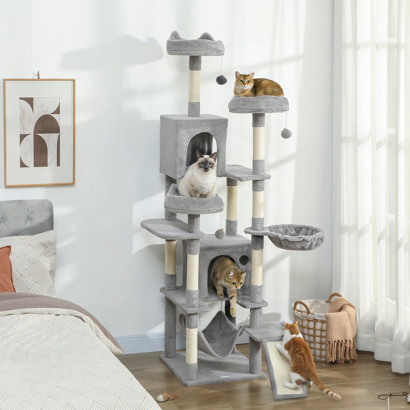 Albero Tiragraffi per Gatti 48x48x192 cm con Amache e Casette in Sisal e Peluche Grigio e Crema      