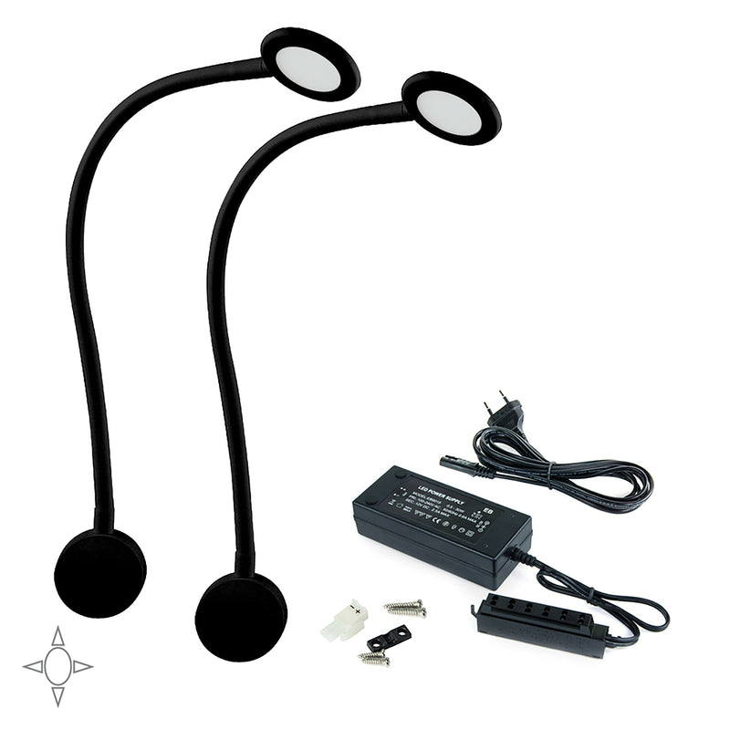 Applique Led Kuma Rotondo Braccio Flessibile Sensore Touch Luce Bianca Plastica Nero 2 Pezzi Emuca