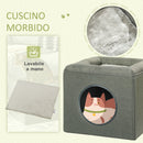 Cuccia a Casetta per Gatti a 2 Livelli 36,5x36,5x33 cm con Cuscino in Peluche in MDF e Poliestere Verde 