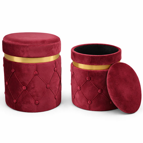 online Set 2 Pouf Contenitori 38x44 cm e 31x38 cm con Design Trapuntato in Velluto Bordeaux
