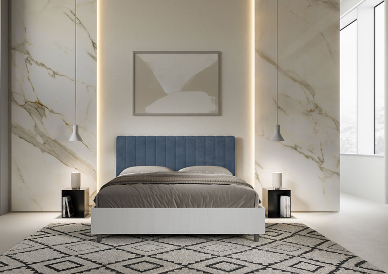 Letto Matrimoniale con Rete e Contenitore Alzata Comoda Struttura Bianco Frassico e Testata in Microfibra Kaia Blu Varie Misure