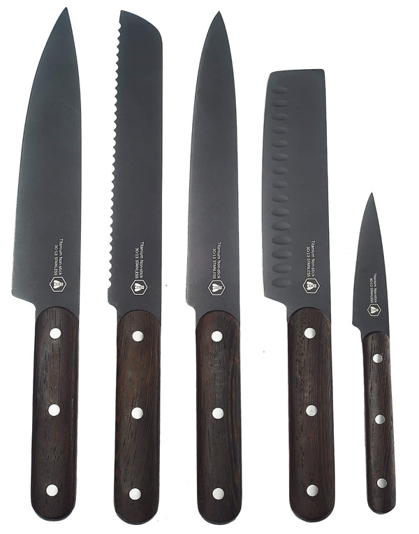 Set de 5 Couteaux de Cuisine Lame Noire Manche Wengé online