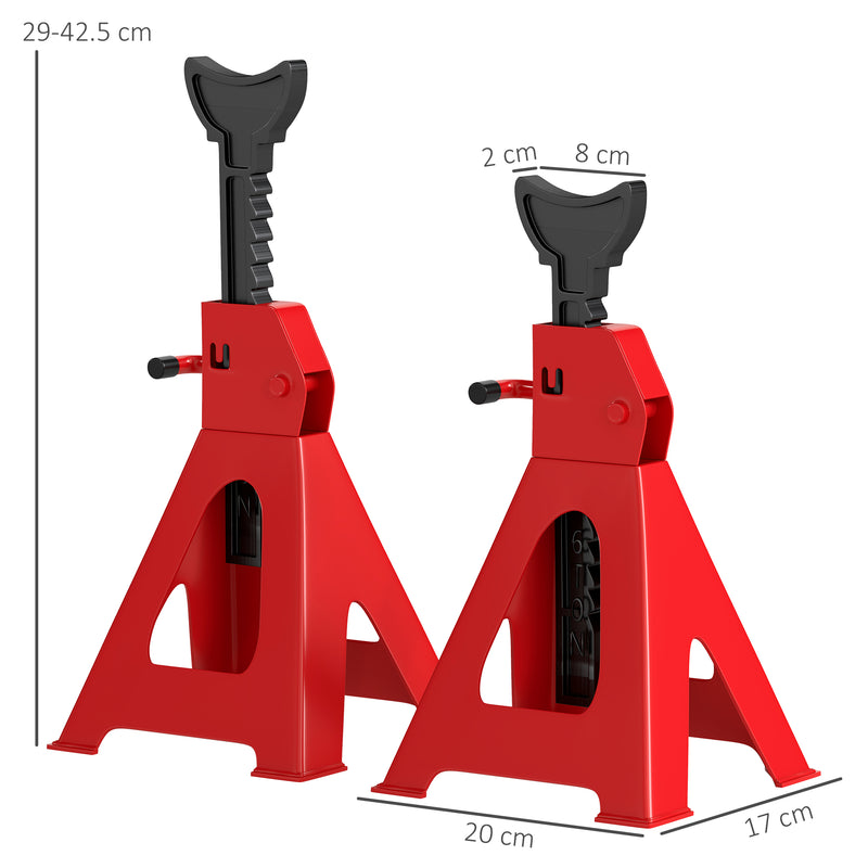 Set 2 Cavalletti Auto 3 Tonnellate di Capacità Altezza 29-42,5 cm Acciaio al Carbonio e Ghisa Rosso  