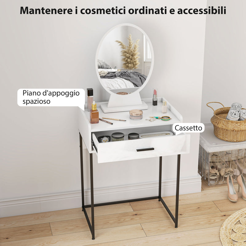 Mobile Toeletta con Specchio con Cassetto e Sgabello Imbottito in MDF Bianco   