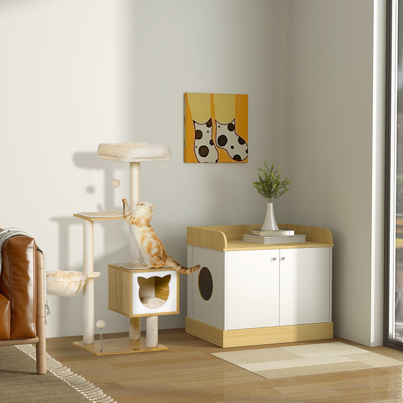 Tiragraffi per Gatti con 2 Pali Casetta e Lettini 48x40x126 cm in Legno Peluche e Sisal Beige  