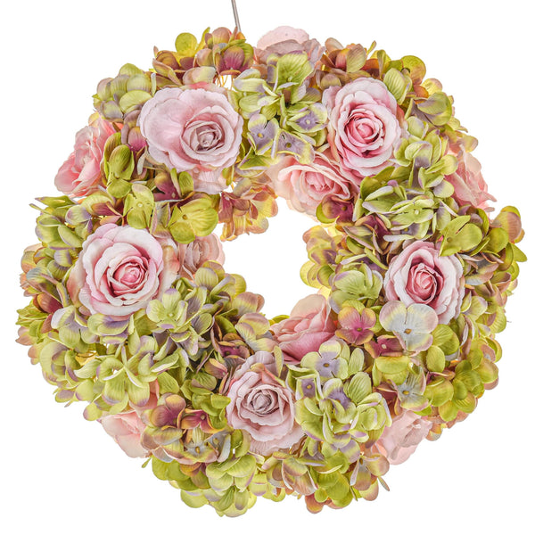 Couronne artificielle avec des fleurs de rose et d'hortensia prezzo