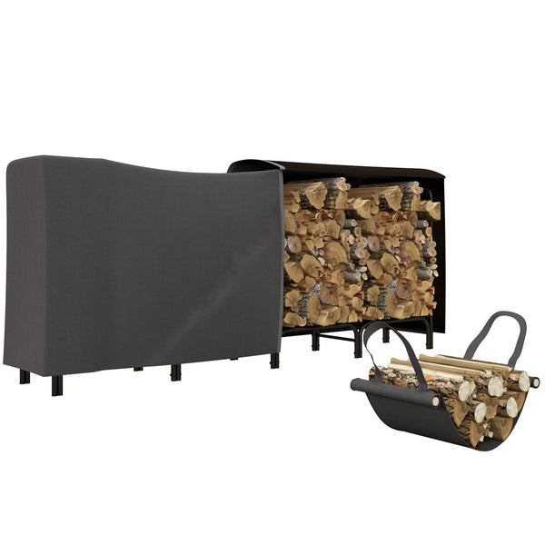 acquista Portalegna per Camino da Interno ed Esterno con Telo Porta Legna e Copertura 240x36x99 cm in Metallo Nero