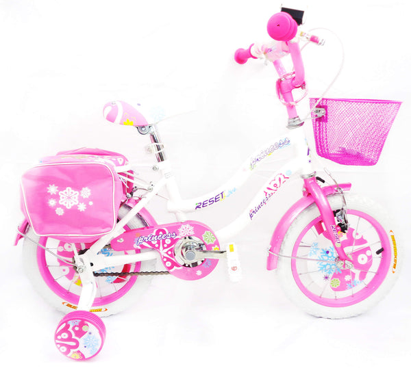 Vélo fille 14" 2 freins avec panier et sacoches latérales blanches et roses acquista