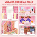 Casa delle Bambole per Bambini 3-6 Anni 59x23,6x69,5 cm a 3 Piani con 10 Mobili e 6 Stanze in MDF e Legno di Pino Rosa      