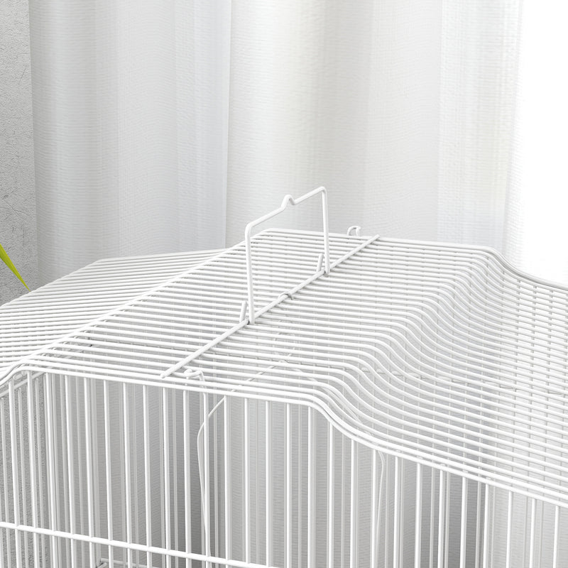 Gabbia per Uccelli Portatile con Maniglia Vassoio Estraibile 5 Porte Posatoi e Altalena Bianco      