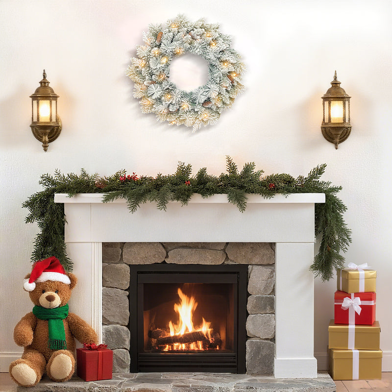 Ghirlanda Natalizia Innevata 60 cm con 35 LED Timer e Pigne Decorative per Interno      